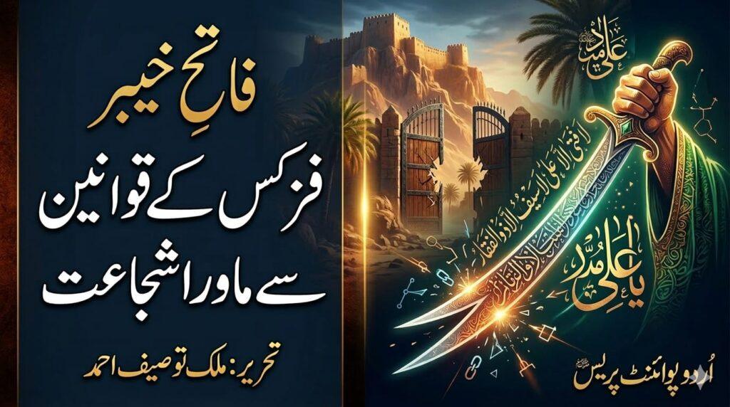 فاتحِ خیبر حضرت علی علیہ السلام کی شجاعت اور فزکس کے قوانین پر ملک توصیف احمد کی خصوصی تحریر کا فیچرڈ امیج، جس میں ذوالفقار اور قلعہ خیبر کا علامتی منظر دکھایا گیا ہے۔