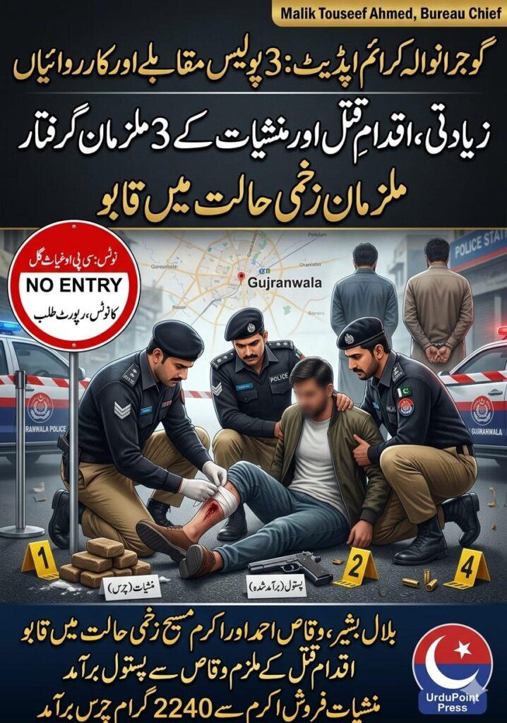 گوجرانوالہ پولیس کا کریک ڈاؤن: 3 مقابلے، زیادتی اور اقدامِ قتل کے ملزمان گرفتار