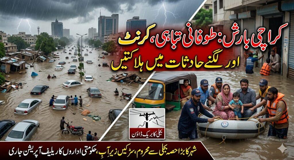 کراچی بارش کی تباہی: کرنٹ لگنے سے ہلاکتیں، بجلی کا بریک ڈاؤن اور سڑکیں تالاب بن گئیں