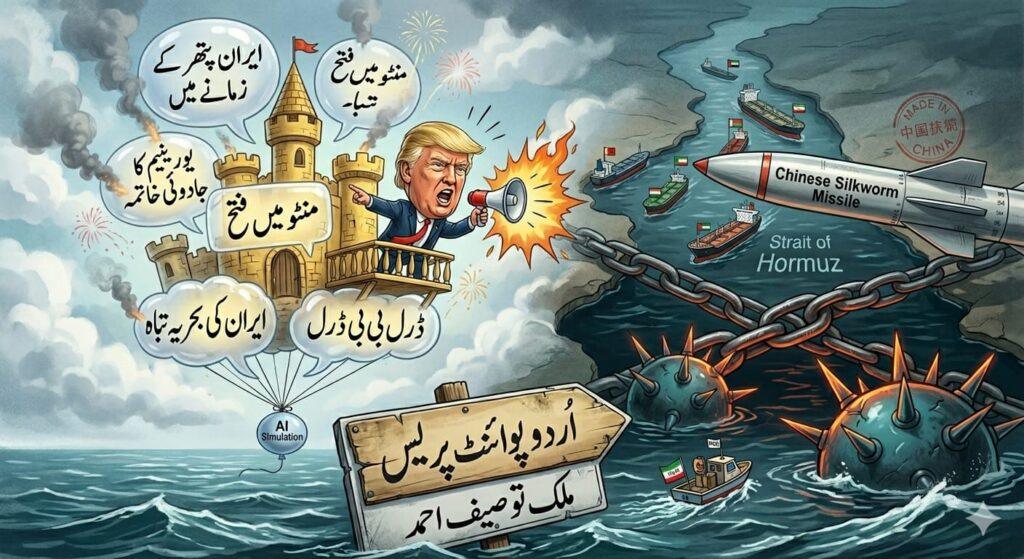 ​امریکی صدر ڈونلڈ ٹرمپ کا ہوائی غبارے پر کھڑے ہو کر ایران کو دھمکانے کا طنزیہ خاکہ، نیچے آبنائے ہرمز بند دکھائی گئی ہے۔